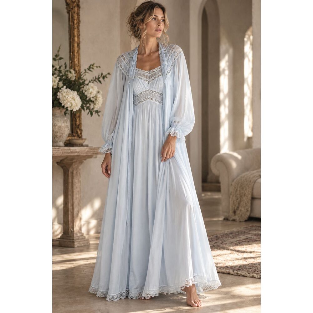Vintage Pale Blue Lace Nightgown & Peignoir Housecoat Set 60s/70s Sleepwear